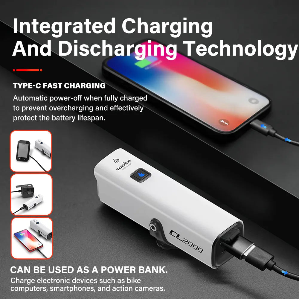 The versatile Towild CL2000 bike light functioning as a power bank, using its integrated USB-C port to provide emergency reverse charging for a smartphone.